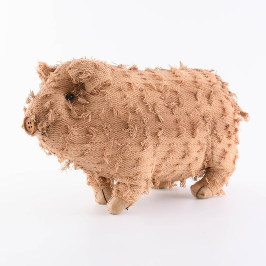 Chenille Fabric Pig with Floppy Ears, Tan / Brown, Standing - 13" Tall