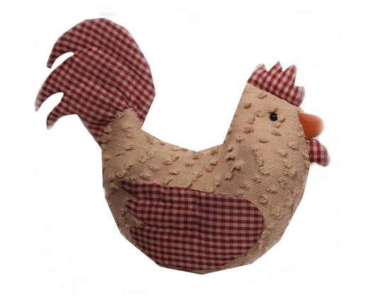 Chenille Fabric Rooster with Plaid Fabric Accents, Off-White / Red - 13" Tall