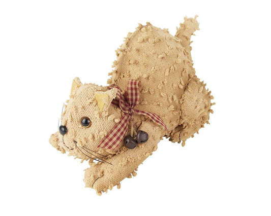 Chenille Fabric Kitten with Plaid Fabric Bow and Tin Bell - 12" Tall