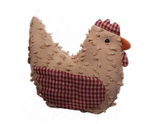 Chenille Fabric Hen with Plaid Fabric Accents, Off-White / Red - 8" Tall